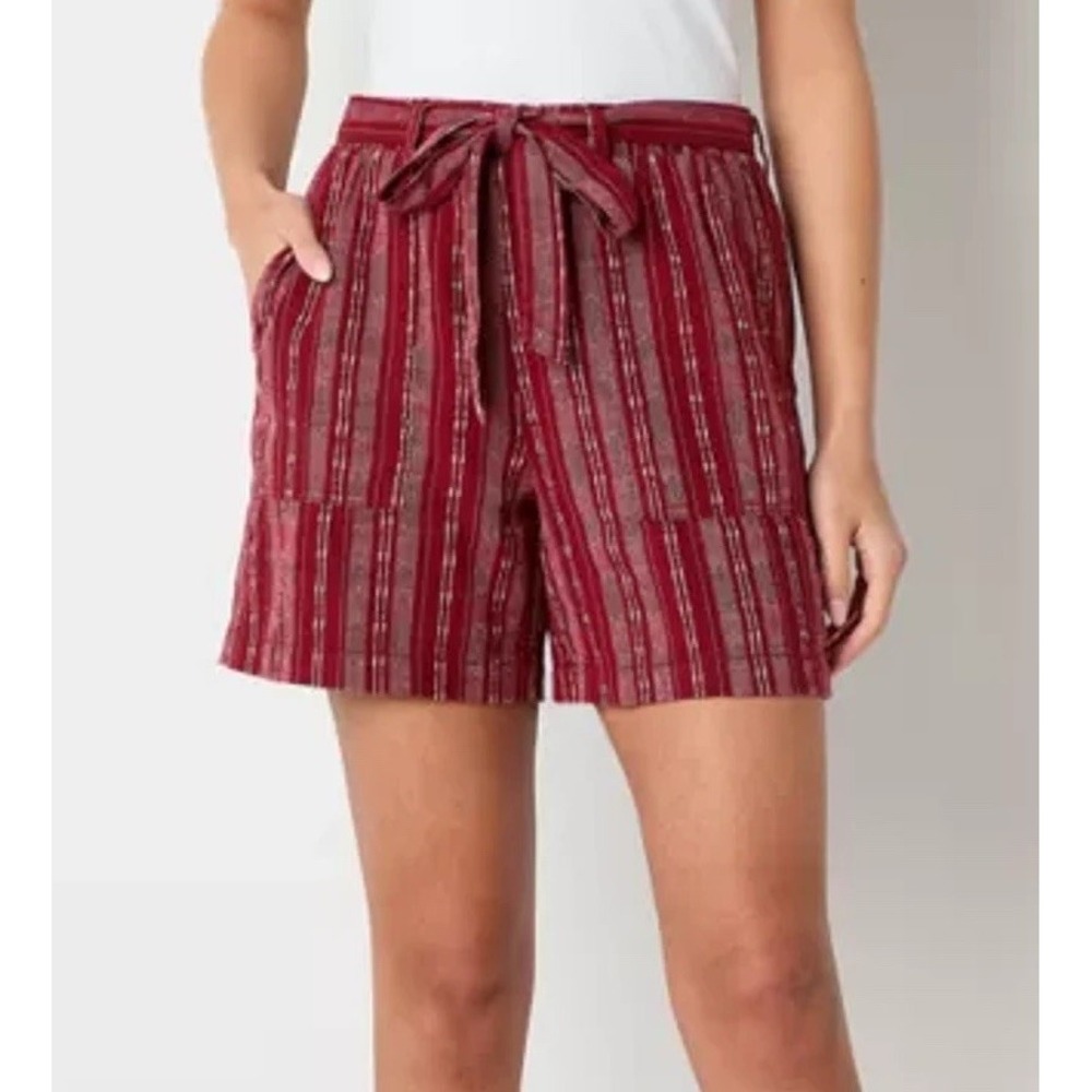 A.n.a. Women's Sz L Red Stripe Stretch Waistband Linen Blend Pull-On Shorts